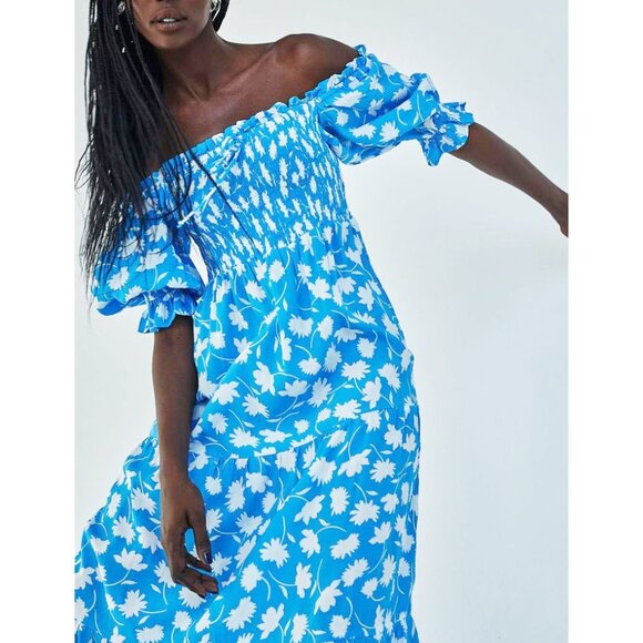 New Faithfull Olinda Shirred Floral Crepe Nap Dress Blue Large $225 - Picture 3 of 9